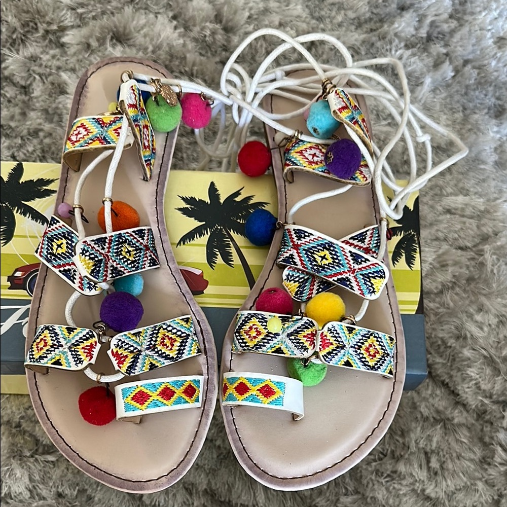 Colorful Pom Pom Sandals Tie Up Gladiators